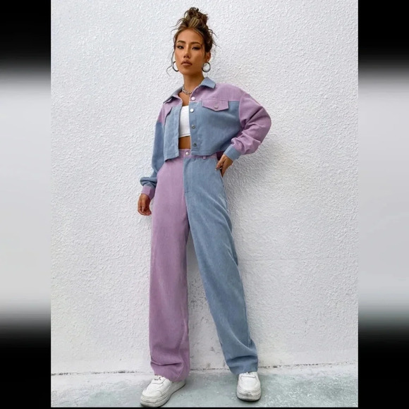 Two Tone Drop Shoulder Crop Jacket & High Waist Pants - Picture 6 of 6